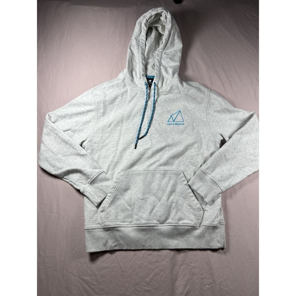 New Balance Mens M Light Gray Hoodie Graphic Embroidered Blue Drawstring Sweatsh